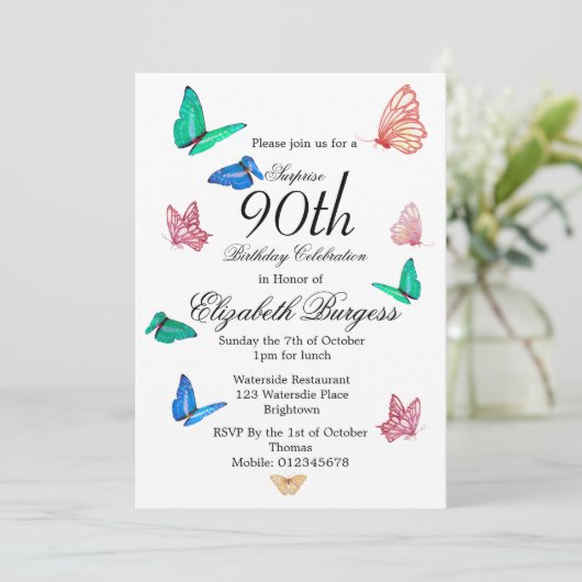 90th Birthday Black White Butterfly Birthday Invi Kaart (Staand voorkant)