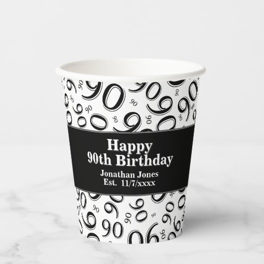 90th Birthday Black/White Random Number Pattern 90 Papieren Bekers (Voorkant)