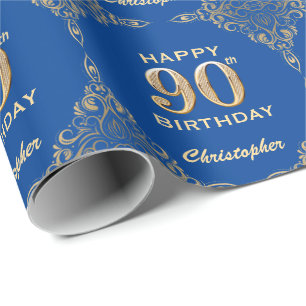 90th Birthday Blue and Gold Glitter Lijst Cadeaupapier