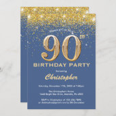90th Birthday Blue en Gold Glitter Confetti Kaart (Voorkant / Achterkant)