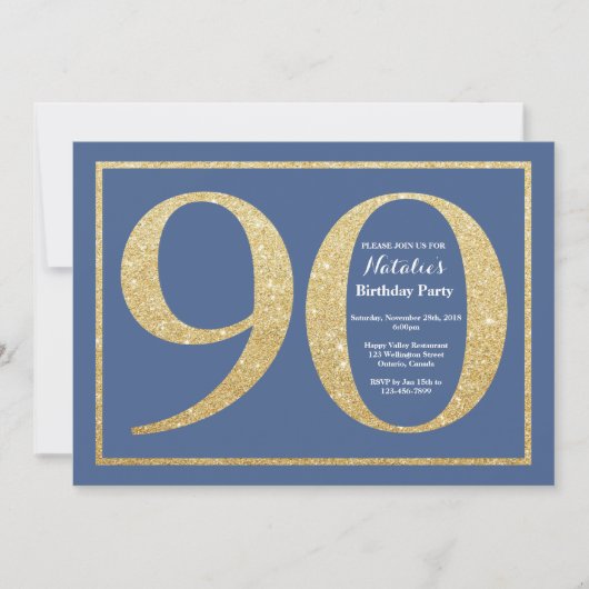 90th Birthday Blue en Gold Glitter Kaart (Voorkant)