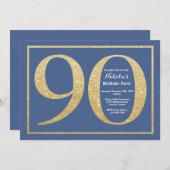 90th Birthday Blue en Gold Glitter Kaart (Voorkant / Achterkant)