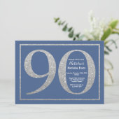 90th Birthday Blue en Silver Glitter Kaart (Staand voorkant)