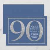 90th Birthday Blue en Silver Glitter Kaart (Voorkant / Achterkant)