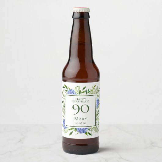 90th Birthday Blue Hydrangeas Bier Etiket (Voorkant)