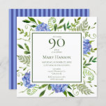 90th Birthday Blue Hydrangeas Kaart<br><div class="desc">Deze blauwe hydrangea 90th verjaardagsfeest/troep uitnodiging is onvoorstelbaar en verbluffend! Met zijn waterverf blauwe hydrangea met meerdere hoeken, een wijze natuurlijke groenery, en het coördineren blauwe gestreept terug is het perfect om je vrouw, moeder, zus, tante, vriend, grootmoeder, grootmoeder te vieren. Door deze sjabloon aan te passen en uw informatie...</div>