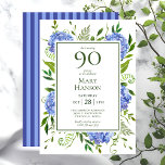90th Birthday Blue Hydrangeas Kaart<br><div class="desc">Deze blauwe hydrangea 90th Birthday uitnodiging is perfect voor het vieren van je vrouw, moeder, zus, tante, vriend, grootmoeder, grootmoeder, grootmoeder. Het zijn mooie waterverf bloemen, blauwe streep terug, en schoon type maakt het verbluffend, modern maar klassiek! Het is super gemakkelijk om deze uitnodigingen te maken door deze sjabloon aan...</div>