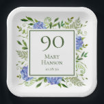 90th Birthday Blue Hydrangeas Papieren Bordje<br><div class="desc">Deze blauwe hydrangea 90th verjaardagsfeest/brunch 9-inch vierkant papier borden zijn onvoorstelbaar en verbluffend! Met hun waterverf blauwe hydrangeas met vele kussen, wijze natuurlijke groenerie zijn ze perfect voor het vieren van je vrouw, moeder, zus, tante, vriend, grootmoeder, grootmoeder. Door deze sjabloon aan te passen en uw informatie in te typen...</div>