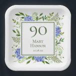 90th Birthday Blue Hydrangeas Papieren Bordje<br><div class="desc">Deze blauwe hydrangea 90th verjaardagsfeest/brunch 9-inch vierkant papier borden zijn onvoorstelbaar en verbluffend! Met hun waterverf blauwe hydrangeas met vele kussen, wijze natuurlijke groenerie zijn ze perfect voor het vieren van je vrouw, moeder, zus, tante, vriend, grootmoeder, grootmoeder. Door deze sjabloon aan te passen en uw informatie in te typen...</div>
