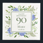 90th Birthday Blue Hydrangeas Servet<br><div class="desc">Deze 90e verjaardag blauwe hydrangeas feest/brunch diners zijn griezelig en verbluffend! Met hun waterverf blauwe hydrangeas met vele kussen, wijze natuurlijke groenerie zijn ze perfect voor het vieren van je vrouw, moeder, zus, tante, vriend, grootmoeder, grootmoeder. Door deze sjabloon aan te passen en uw gegevens in te typen kunt u...</div>