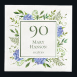 90th Birthday Blue Hydrangeas Servet<br><div class="desc">Deze 90e verjaardag blauwe hydrangeas feest/brunch diners zijn griezelig en verbluffend! Met hun waterverf blauwe hydrangeas met vele kussen, wijze natuurlijke groenerie zijn ze perfect voor het vieren van je vrouw, moeder, zus, tante, vriend, grootmoeder, grootmoeder. Door deze sjabloon aan te passen en uw gegevens in te typen kunt u...</div>