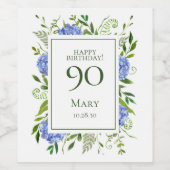 90th Birthday Blue Hydrangeas Wijn Etiket (Enkel label)
