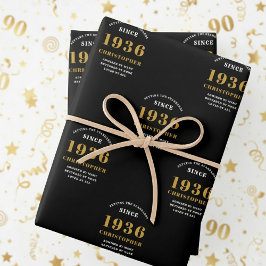 90th Birthday born 1936 Add Name Black Gold Inpakpapier Vel