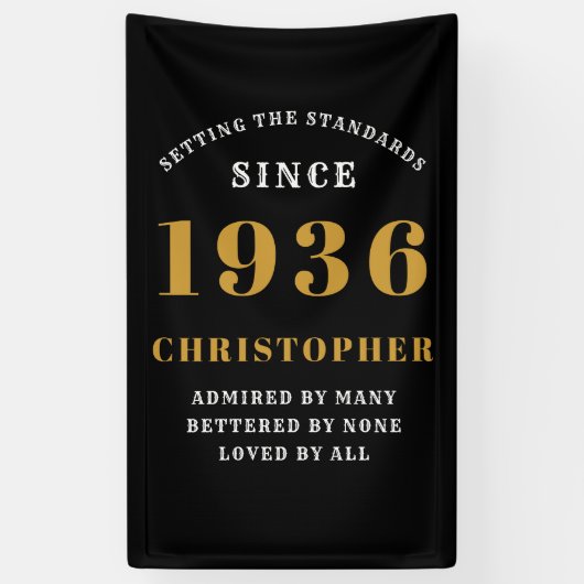90th Birthday Born 1936 Add Name Black Gold Spandoek (Verticaal)