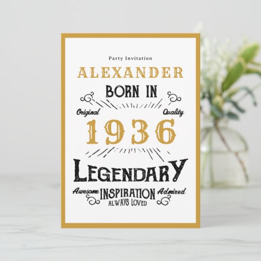 90th Birthday Born 1936 White Gold Legend Kaart (Staand voorkant)