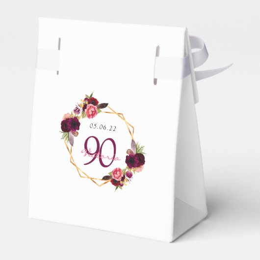 90th Birthday burgundy Gold geometrische bloemwit Bedankdoosjes (Achterkant)