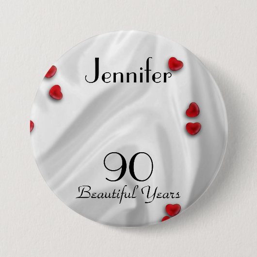 90th Birthday Button / Pin, Small Red Hearts (Voorkant)