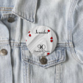 90th Birthday Button / Pin, Small Red Hearts (In situ)