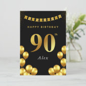 90th Birthday Card Black and Gold Balloons Kaart (Staand voorkant)