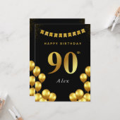 90th Birthday Card Black and Gold Balloons Kaart (Voorkant / Achterkant in situ)
