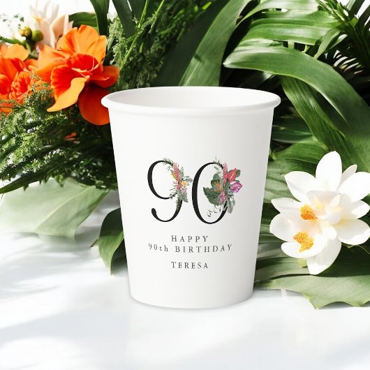 90th Birthday Cheers with Name Tropical Floral Papieren Bekers