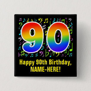 90th Birthday: Colorful Music Symbols, Rainbow 90 Vierkante Button 5,1 Cm