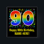 90th Birthday: Colorful Music Symbols, Rainbow 90 Vierkante Button 5,1 Cm<br><div class="desc">This fun, trillend, and colorful birthday-themed button design features a breed number "90" having a rainbow spectrum gradient inspirired pattern. It also features the message "Happy 90th Birthday, ", and a personalized name. Part of the background features a pattern of various music notes and symbols having a variety of cocazes...</div>