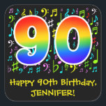 90th Birthday: Colorful Music Symbols, Rainbow 90 Vierkante Sticker<br><div class="desc">Dit leuke, levendige en kleurrijke verjaardagsthema sticker-ontwerp heeft een groot getal "90" met een regenboogspectrumgradiënt geïnspireerd patroon, samen met de boodschap "Happy 90th Birthday", en een aangepaste naam. Een deel van de achtergrond heeft een patroon van verschillende muzieknoten en symbolen met een verscheidenheid aan kleuren en maten. Leuke, aanpasbare verjaardagscadeaus...</div>