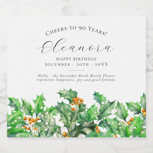 90th Birthday December Birth Flower Holly Sparkling Wijnetiket (Enkel label)
