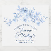 90th Birthday Dusty Blue Rose Floral Sparkling Wijnetiket (Enkel label)