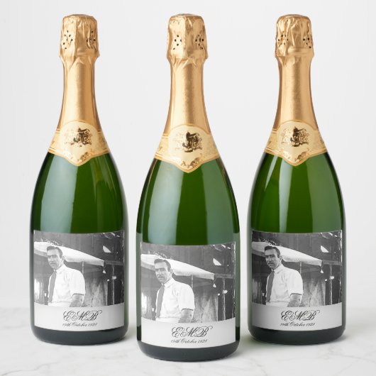 90th Birthday Elegant Foto Monogram Black White Sparkling Wijnetiket (Flessen)