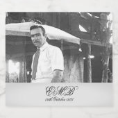 90th Birthday Elegant Foto Monogram Black White Sparkling Wijnetiket (Enkel label)