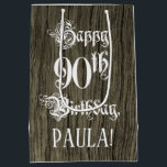 90th Birthday: Fancy, Faux Wood Look   Custom Name Medium Cadeauzakje<br><div class="desc">This elegant and luxurious birthday themed giftbag design features the message “Happy 90th Birthday, ” in opulent script style text, on a faux wood look inspired pattern background. It also features a custom recipient name. A birthday themed gift bag like this might be a respectable way to wrap a gift...</div>