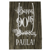 90th Birthday: Fancy, Faux Wood Look + Custom Name Medium Cadeauzakje (Achterkant)