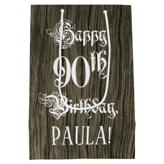 90th Birthday: Fancy, Faux Wood Look + Custom Name Medium Cadeauzakje (Achterkant)