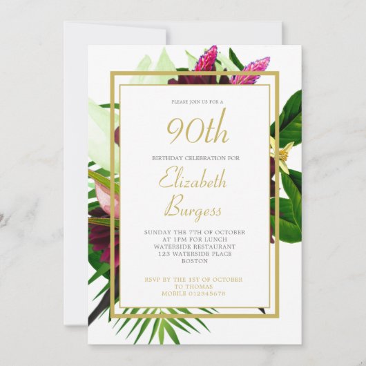 90th Birthday Floral Gold White Elegant Birthday Kaart (Voorkant)