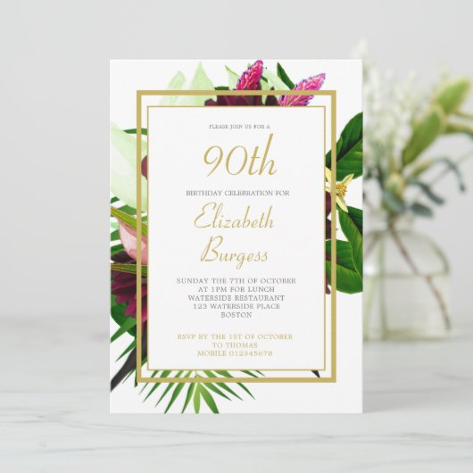 90th Birthday Floral Gold White Elegant Birthday Kaart (Staand voorkant)