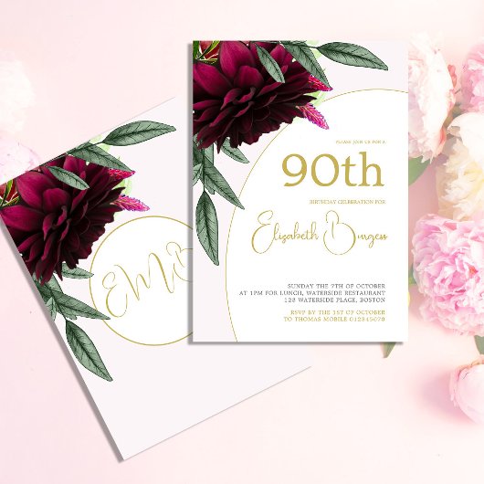 90th Birthday Floral Gold White Elegant Birthday Kaart