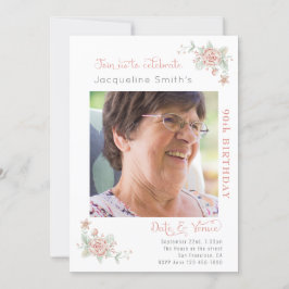 90th Birthday Floral Photo Invitation Kaart