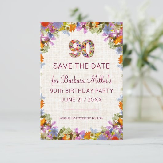 90th Birthday Garden Party – Elegant Floral Save The Date (Staand voorkant)