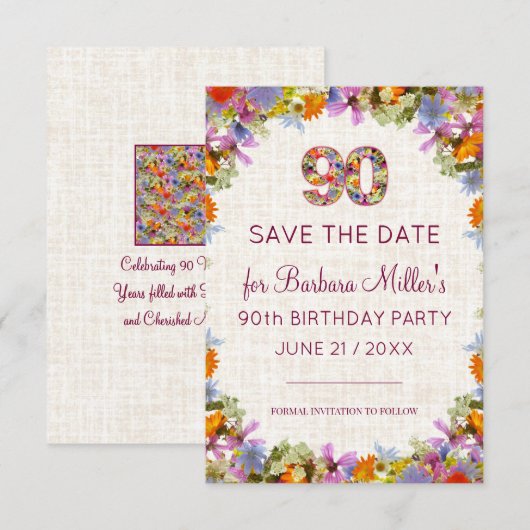 90th Birthday Garden Party – Elegant Floral Save The Date (Voorkant / Achterkant)