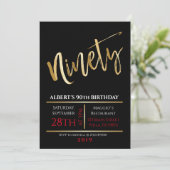 90th Birthday Gold Black Party Invitation Kaart (Staand voorkant)
