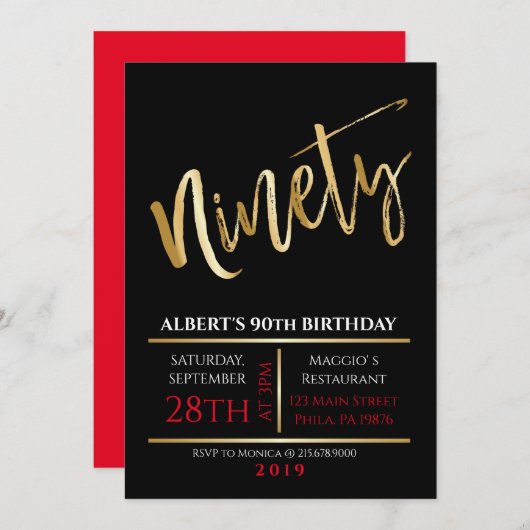 90th Birthday Gold Black Party Invitation Kaart (Voorkant / Achterkant)