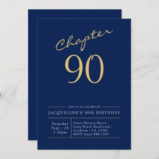 90th Birthday Gold Modern Script Blue Kaart (Voorkant / Achterkant)