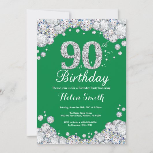 90th Birthday Green en Silver Diamond Kaart (Voorkant)