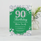 90th Birthday Green en Silver Diamond Kaart (Staand voorkant)