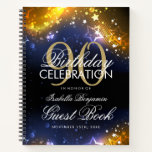 90th Birthday Guestbook Party Sparkles Gold Notitieboek<br><div class="desc">Een elegante en gesofisticeerde 90e (9e) Birthday Guest Book-sjabloon met het 'Party Sparkles Gold'-ontwerp (met gouden lampen,  gouden snaren en gouden enkels) met eenvoudig aan te passen tekst.</div>