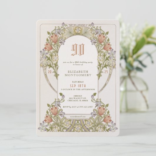 90th Birthday Invitation Art Nouveau W. Morris Kaart (Staand voorkant)