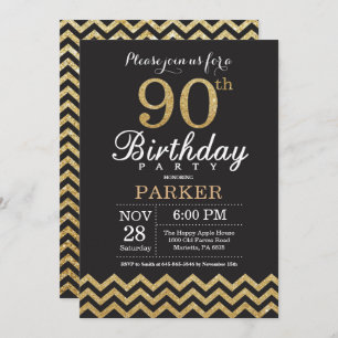 90th Birthday Invitation Black and Gold Glitter Kaart