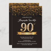 90th Birthday Invitation Black and Gold Glitter Kaart (Voorkant / Achterkant)